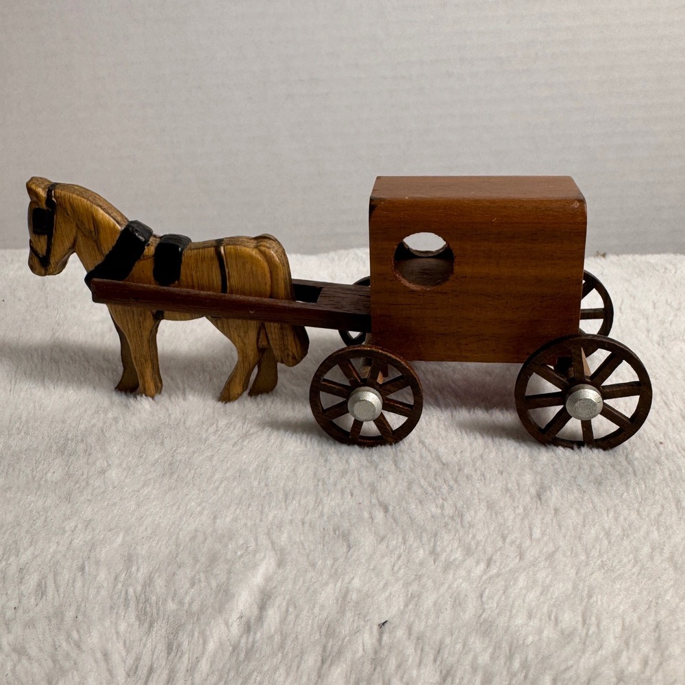 Vintage 2001 M-M Lancaster PA Wooden Amish Horse & Buggy Hand Carved 6.5"